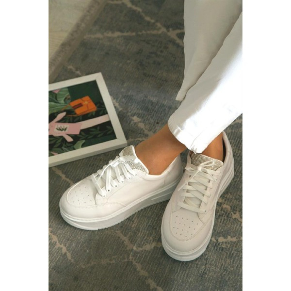 Shoetek Albina Kadın Sneakers Bağcıklı Taşlı Spor Ayakkabı Beyaz Deri10 Spor Ayakkabı Fiyatı