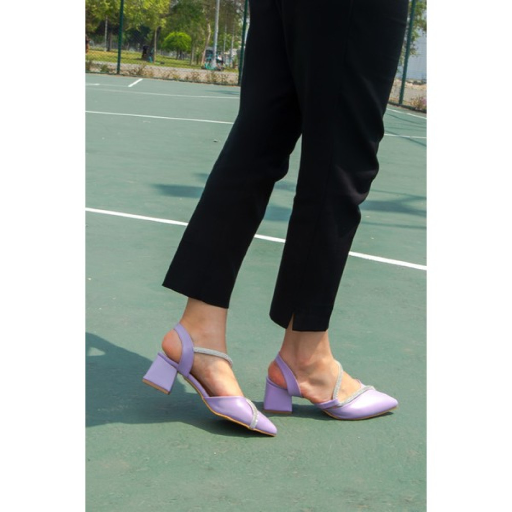 Shoetek Kadın Topuklu Ayakkabı Deri Taşlı Kalın Topuklu Stiletto Lila Topuklu Ayakkabı Fiyatı