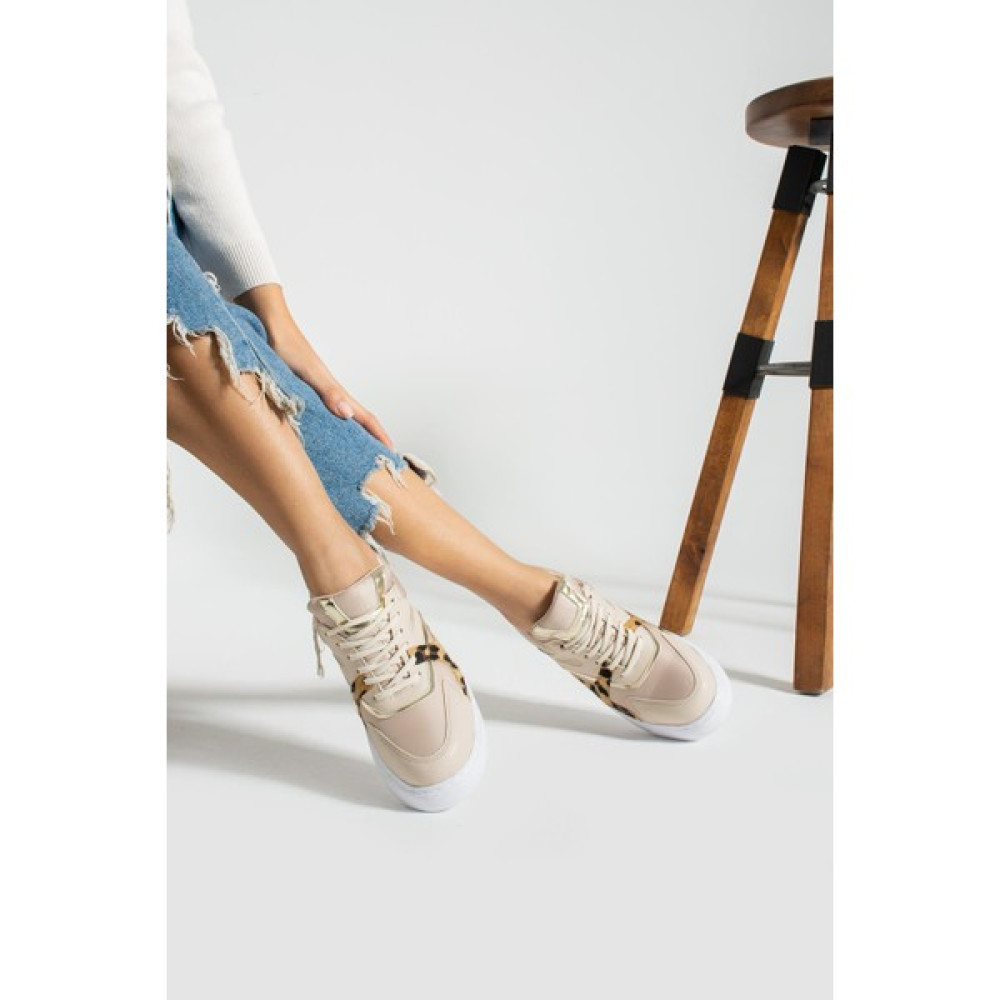 Shoetek Karoline Kadın Sneakers Bağcıklı Spor Ayakkabı Bej/leopar Deri Spor Ayakkabı Fiyatı