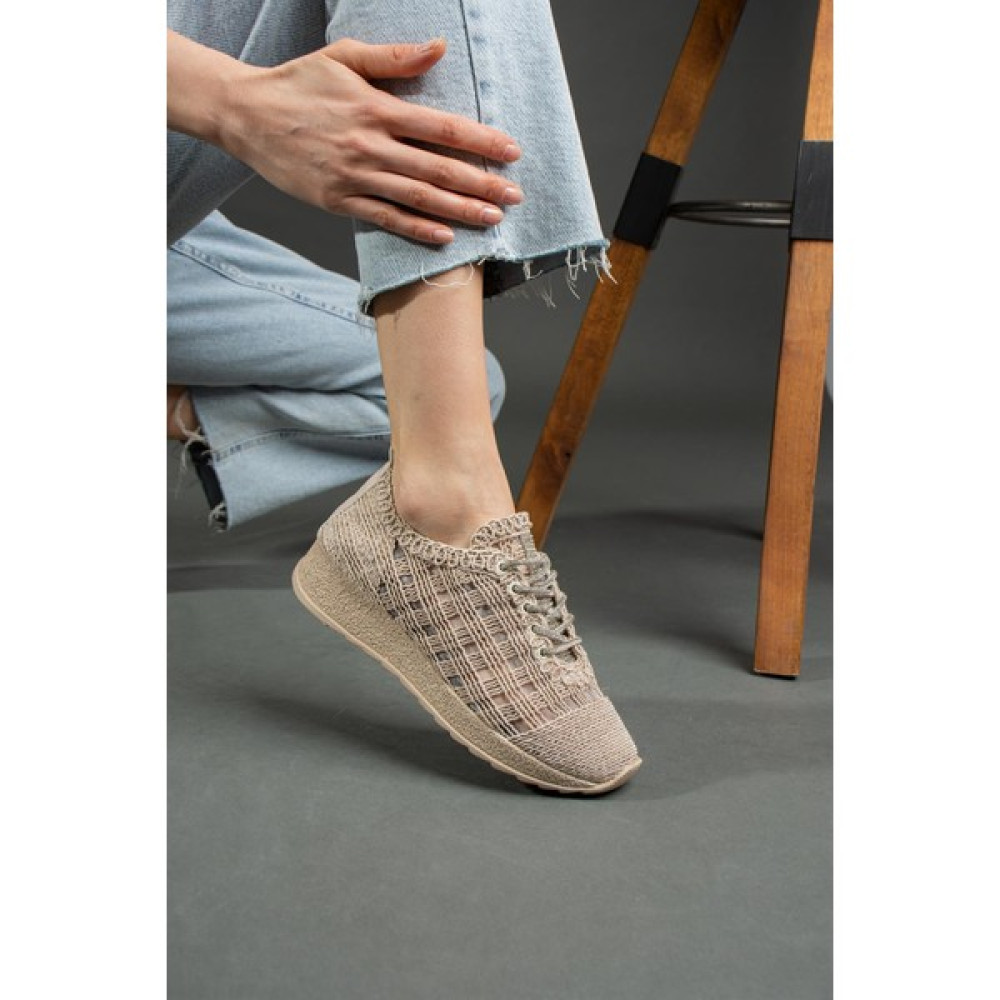 Shoetek Nathy Kadın Sneakers Taşlı Triko Dokumalı Spor Ayakkabı Bej Spor Ayakkabı Fiyatı