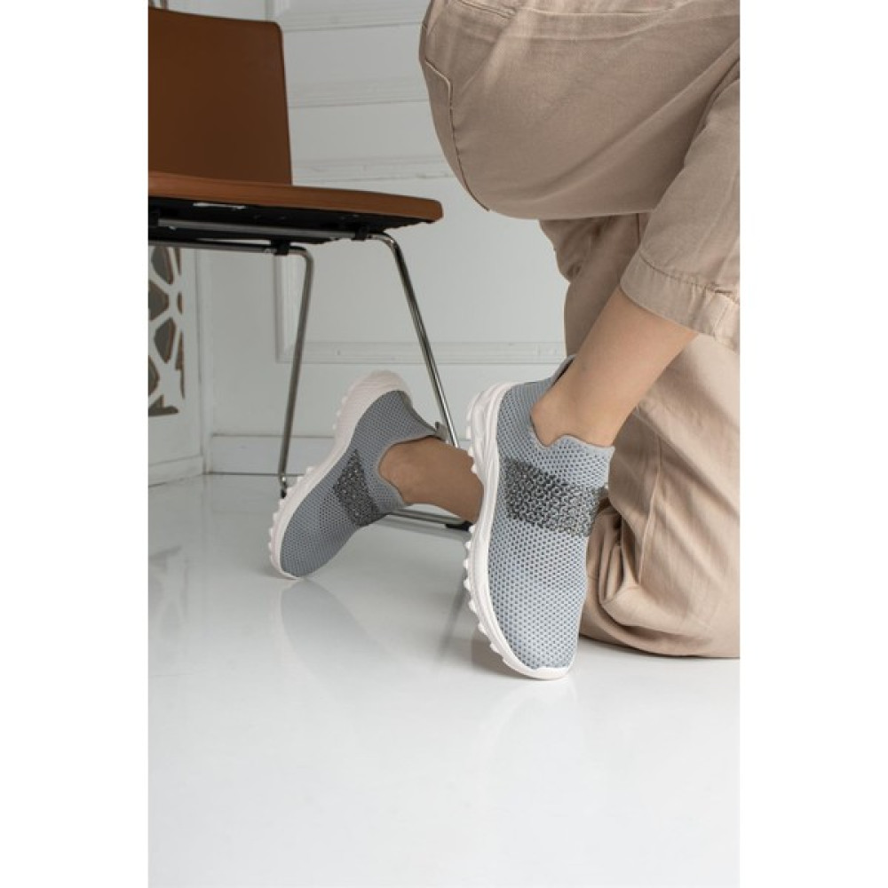 Shoetek Pauline Kadın Sneakers Triko Dokumalı Taşlı Spor Ayakkabı Gri Spor Ayakkabı Fiyatı