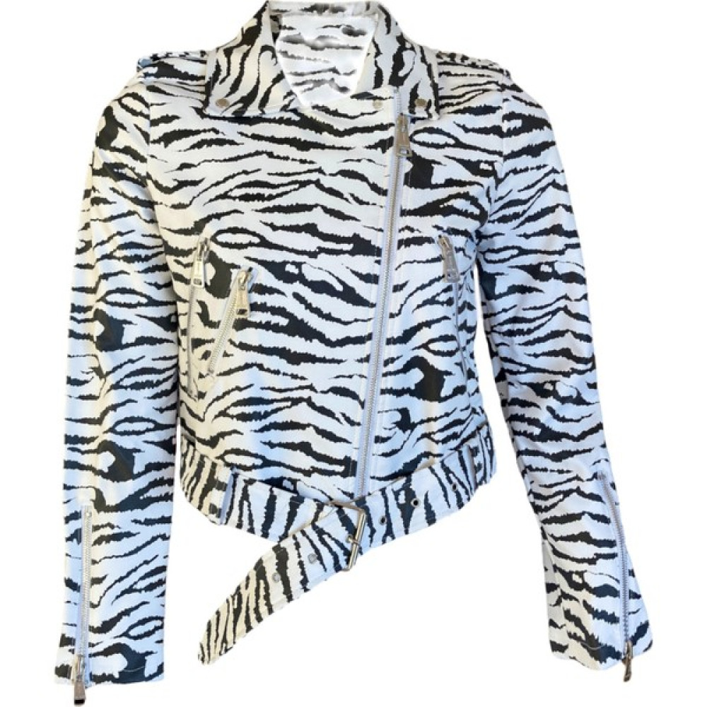 Shop For All Suni Deri Zebra Desenli Beli Kemerli Biker Ceket Bayan Mont Fiyatı