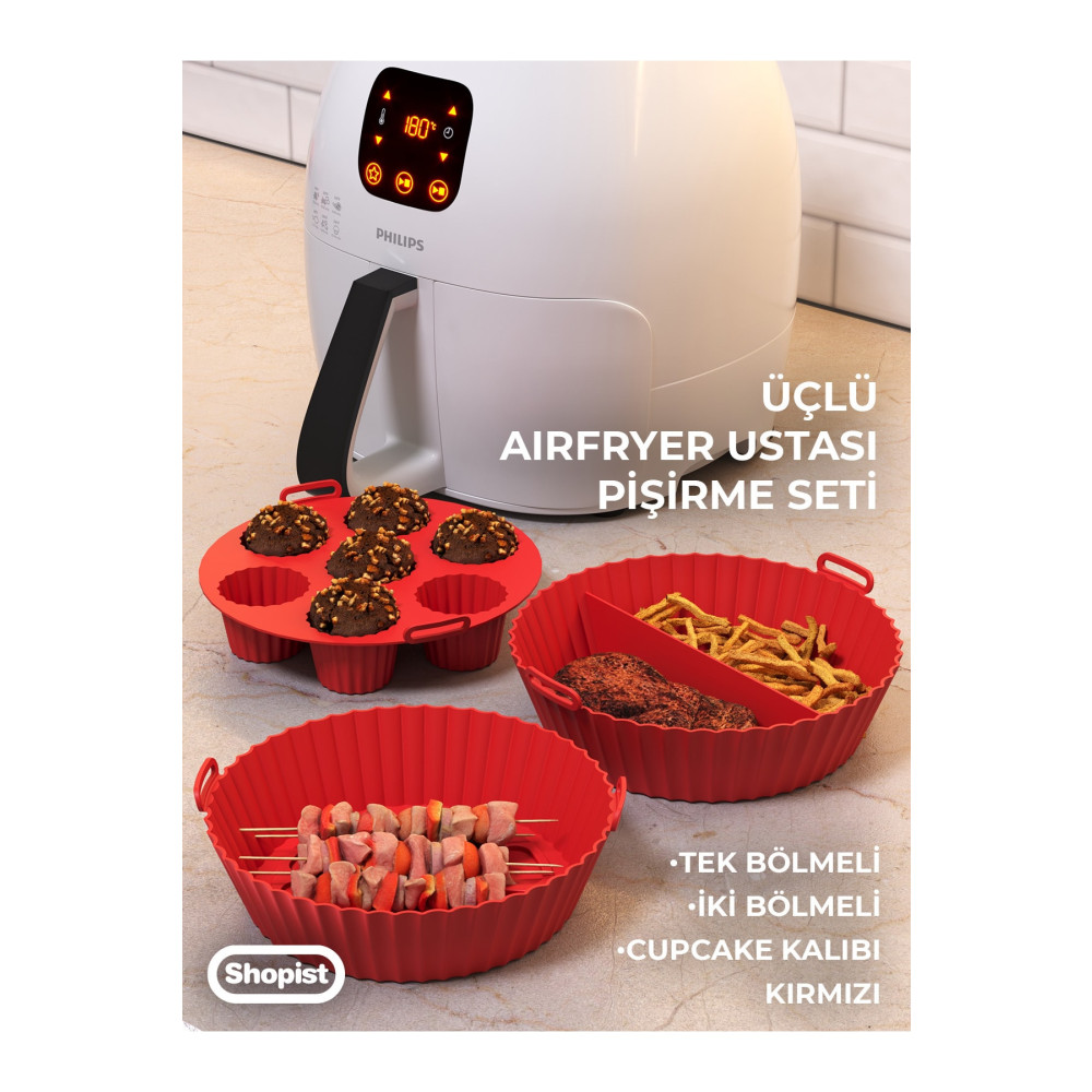 SHOPİST Airfryer Ustası 3lü Pişirme Seti Silikon Kırmızı Renk Pişirme Kağıdı Airfryer Aksesuar Bpa Free Pişirme Kağıdı Fiyatı