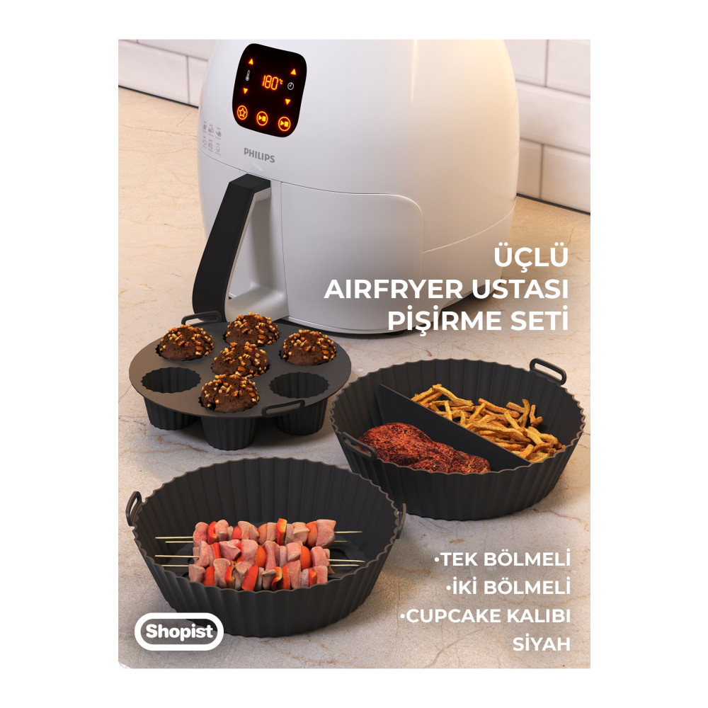 SHOPİST Airfryer Ustası 3lü Pişirme Seti Silikon Siyah Renk Pişirme Kağıdı Airfryer Aksesuar Bpa Free Pişirme Kağıdı Fiyatı