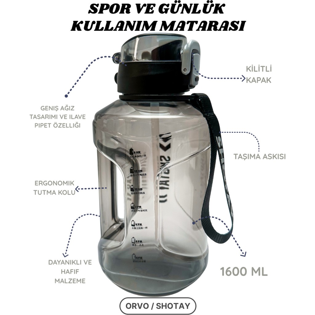 Shotay Sporcu Matara 1.6 L – Kilitli Kapak, Pipetli, Taşıma Askılı Su Matarası - Siyah Diğer Fiyatı