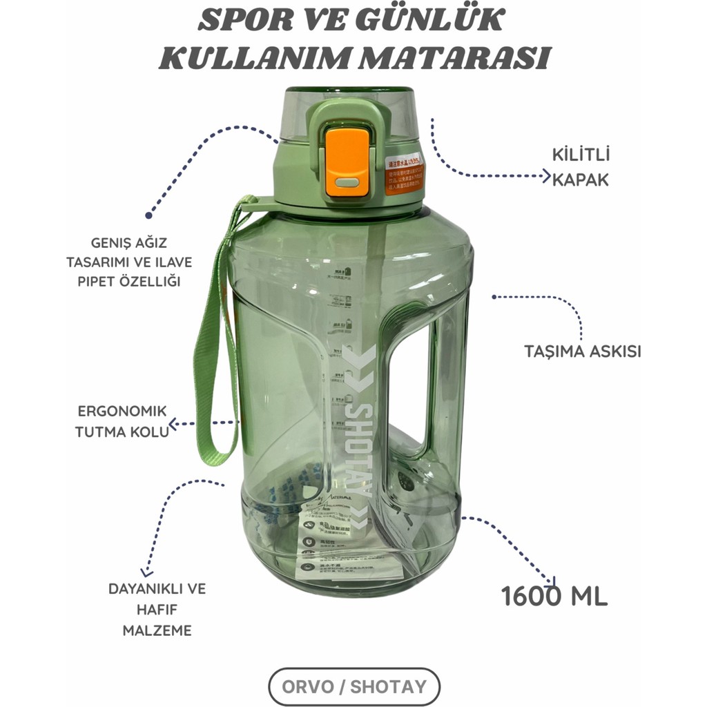 Shotay Sporcu Matara 1.6 L – Kilitli Kapak, Pipetli, Taşıma Askılı Su Matarası - Yeşil Diğer Fiyatı