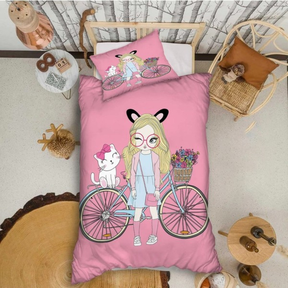 Showy Baby Bisikletli Kız ve Kedi Desenli Tek Kişilik Nevresim Takımı - 160 x 220 cm - Renkli Bebek Nevresim Takımı Fiyatı