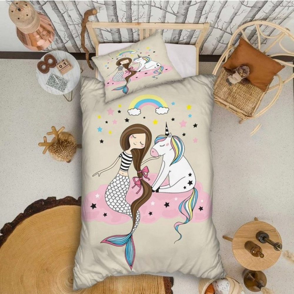 Showy Baby Deniz Kızı ve Unicorn Desenli Tek Kişilik Nevresim Takımı - 160 x 220 cm - Renkli Bebek Nevresim Takımı Fiyatı