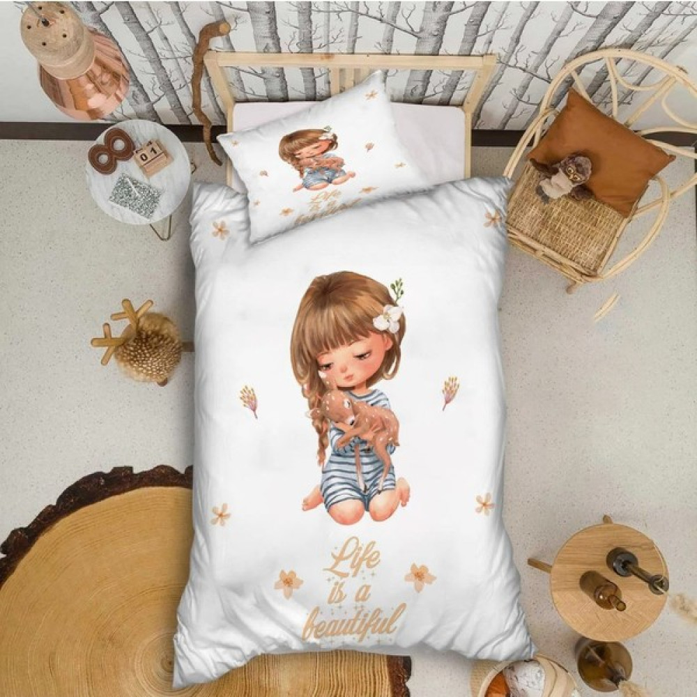Showy Baby Küçük Kız ve Ceylan Desenli Tek Kişilik Nevresim Takımı - 160 x 220 cm - Renkli Bebek Nevresim Takımı Fiyatı