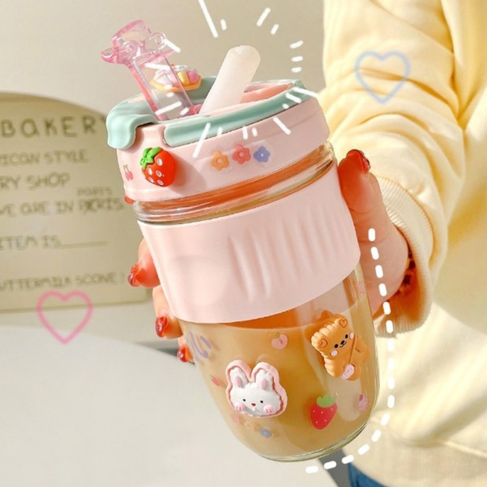 Shun Shop 500 ml. Dondurma Renkli Cam Şişe Sevimli Portatif Su Bardağı Saman (Yurt Dışından) - Pembe - 0.5 lt Suluk Fiyatı