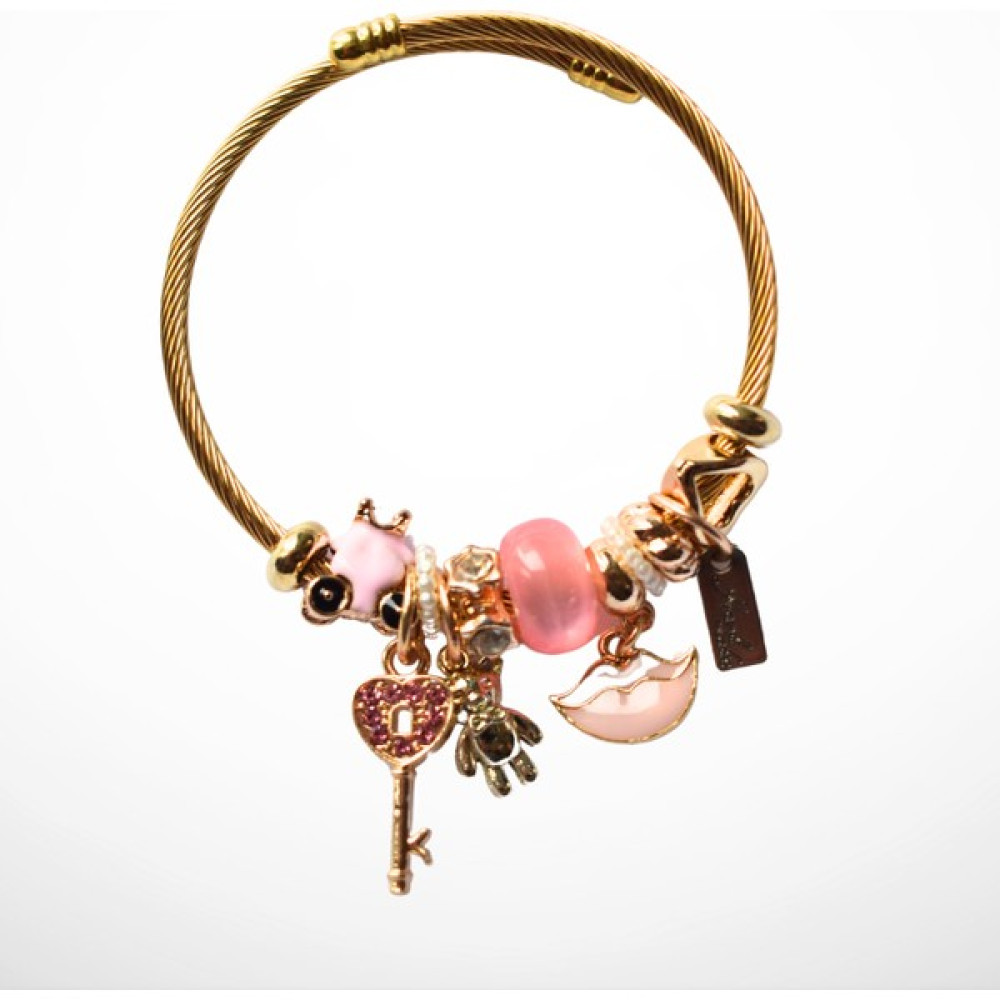 Shushu Design Pandora Bileklik Charmlı Gold Çelik Bileklik Kalp Anahtar Ayıcık Charmlı Bileklik Stainless Steel Altın, Takı & Aksesuar Fiyatı
