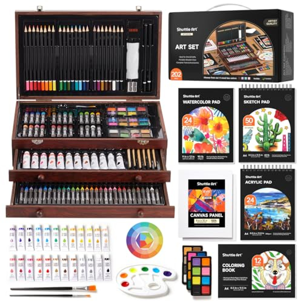 Shuttle Art Deluxe Gift Art Kit, 202-Piece Wooden Art Supplies Set with 4 Drawing Pads, Canvases, Coloring Sheets, Acrylic Paint, Crayons, Oil Pastels, Colored Pencils for Kids