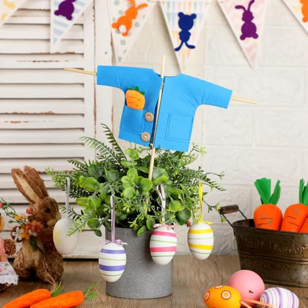 Shyyween Easter Rabbit's Jacket Mini Blue Jacket Cross with Carrot Set DIY Easter Craft Flower Pot Desktop Picks for Rabbit Baby Shower 1st Birthday Party Decoration