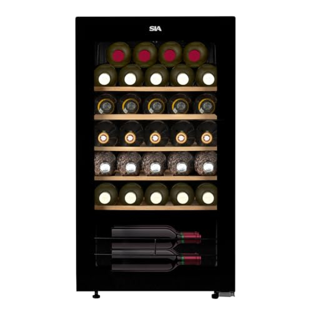 SIA HSWC90BL/G Freestanding Under Counter 90L Wine Cooler Fridge, 34 Bottle Capacity, Glass Door, Wooden Shelves, LED Light, Black, 2 Years Parts and Labour Guarantee