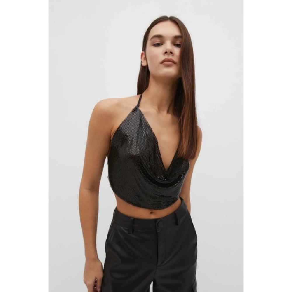 Sialess Lingerie Parlak Kristal Siyah Taşlı Zırh Büstiyer Üst Kolsuz Taşlı Crop Bluz Fiyatı