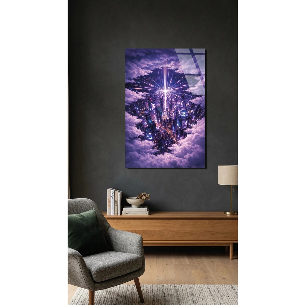 Siber Şehir Cam Tablo Dekoratif Kırılmaz Cam Tablo, Premium 4mm Uv Baskı, Salon Duvar Tablosu - 90 x 140 - Çok Renkli Kanvas Tablo Fiyatı