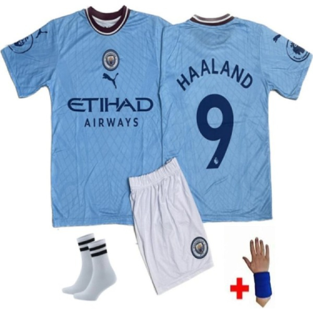 Sidas Manchester City Haaland Mavi Çocuk Forması 4'lü Set Forma+Şort+Çorap+Bileklik Futbol Malzemeleri Fiyatı