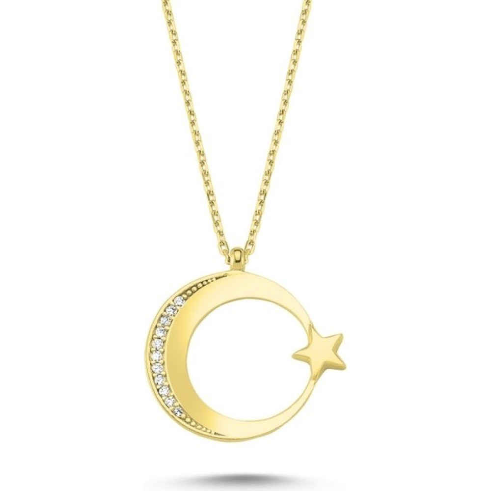 Sientojewels 925 Ayar Gümüş Zirkon Taşlı Ay Yıldız Kadın Kolye - Gold - 45cm Gümüş Kolye Fiyatı