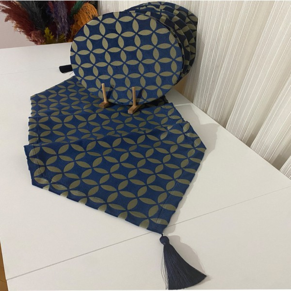 Şifa Tasarım Şifatasarım Özel Tasarım Desenli Amerikan Servis Takımı 6 Supla & 1 Runner - Lacivert - Gold - 42 x 140 cm Amerikan Servis Fiyatı