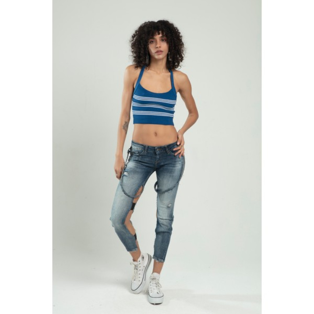 sifu tekstil Indigo-beyaz Renkli Kadın Spor Kendinden Askılı Çizğili Fitil Örgülü Triko Badi Büstiyer Crop Top SFYZ1015 Bluz Fiyatı