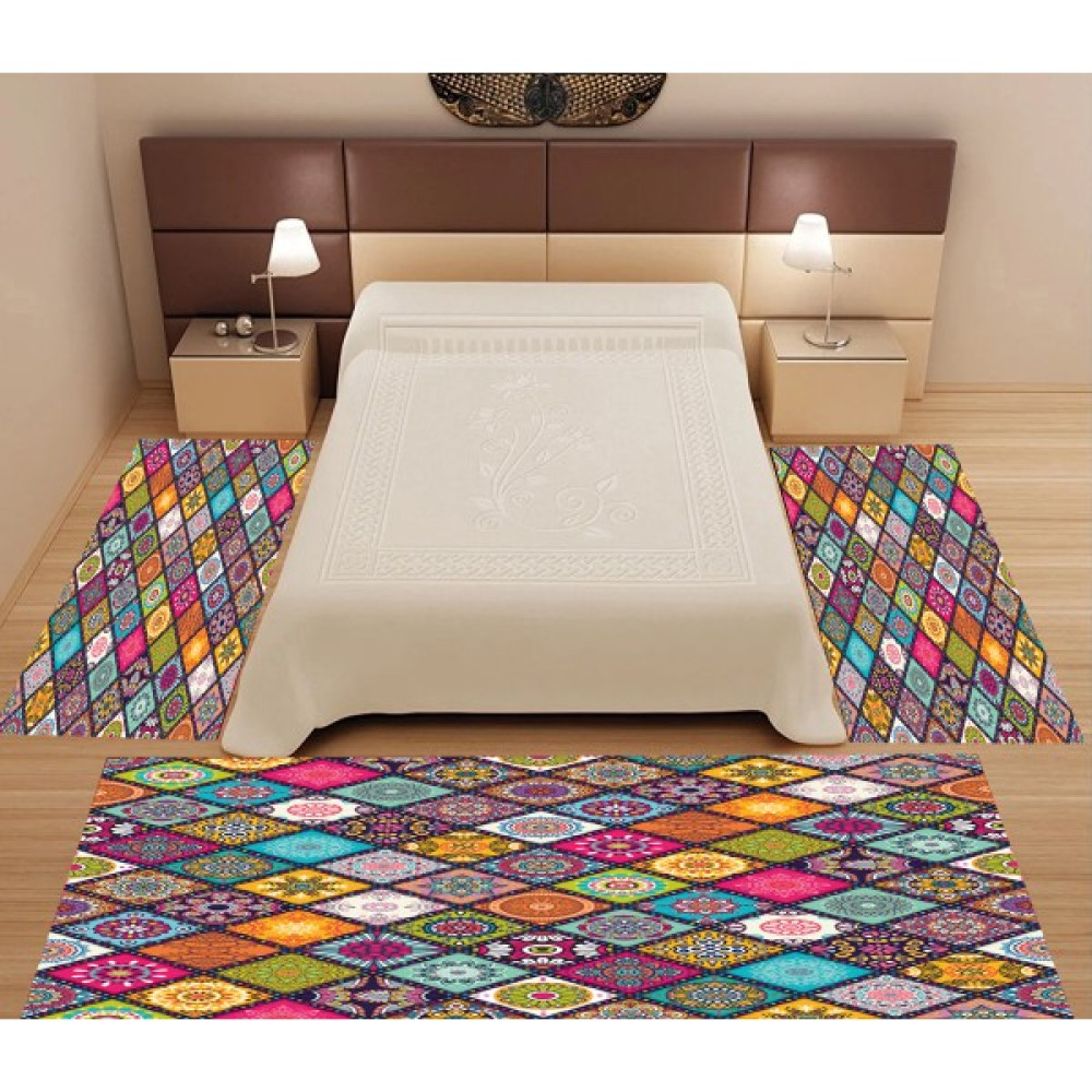Sihirli Halı Dijital Baskı 3'lü Yatak Odası Halı Seti Yıkanabilir 80 x 150 (X2) 80 x 300 (X1) Renkli HT006 - 80 x 150 cm Salon Halısı Fiyatı