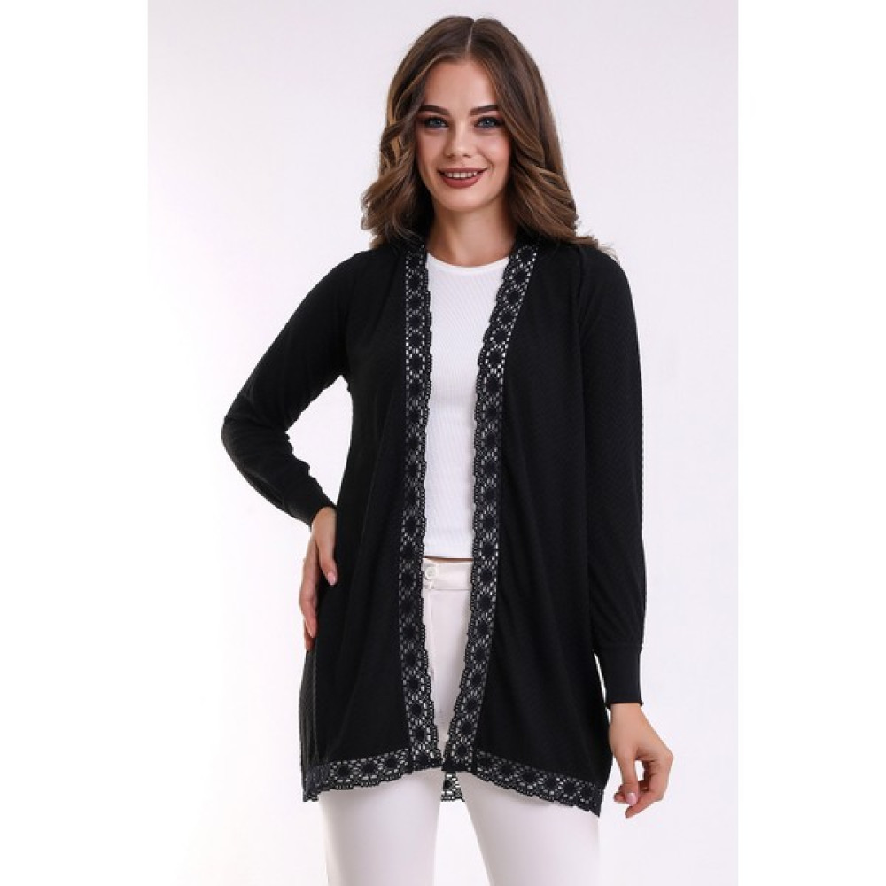 Şiir Kadın Siyah Italyan Reglan Kol/yaka Dantel Detay Penye Esnek Uzun Hırka & Kaftan & Hicab & Tesettür Hırka Kadın Hırka Fiyatı