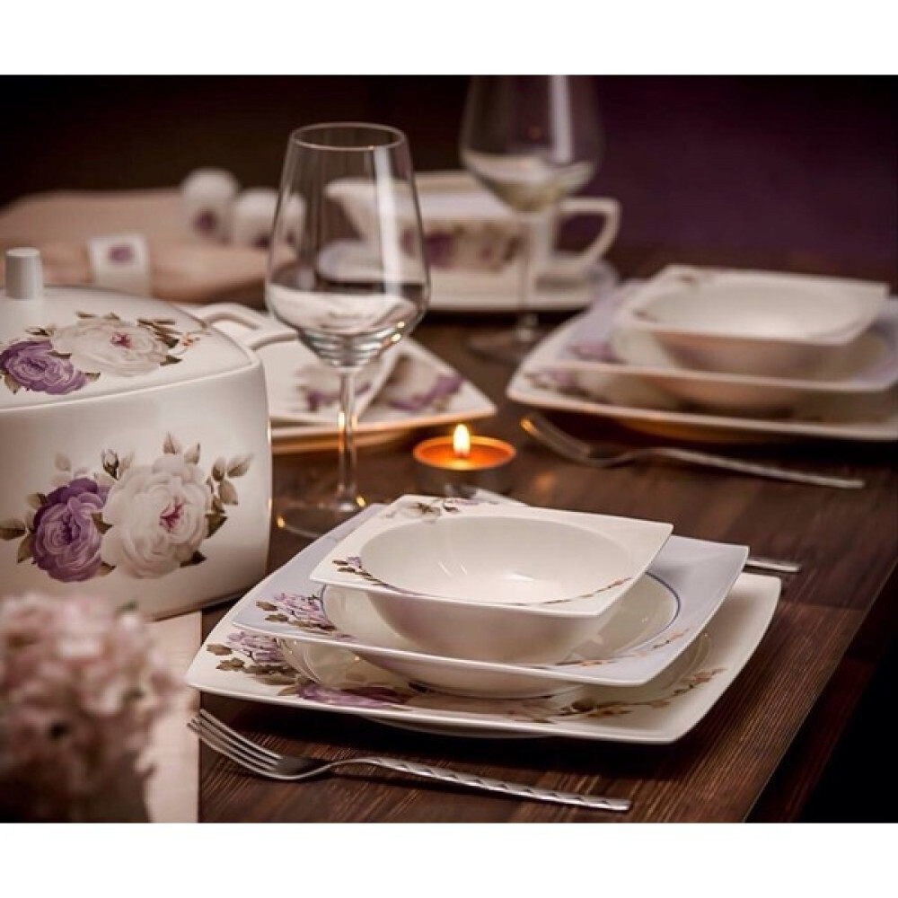 Sıla Porselen Kare Bone China 12 Kişilik Yemek Takımı Mor Güllü Seri Yemek Takımı Fiyatı