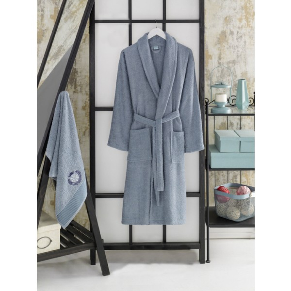 Şilay Havlulu Bornoz 2'li Set Indigo - L - XL - İndigo - Pudra Bornoz Fiyatı