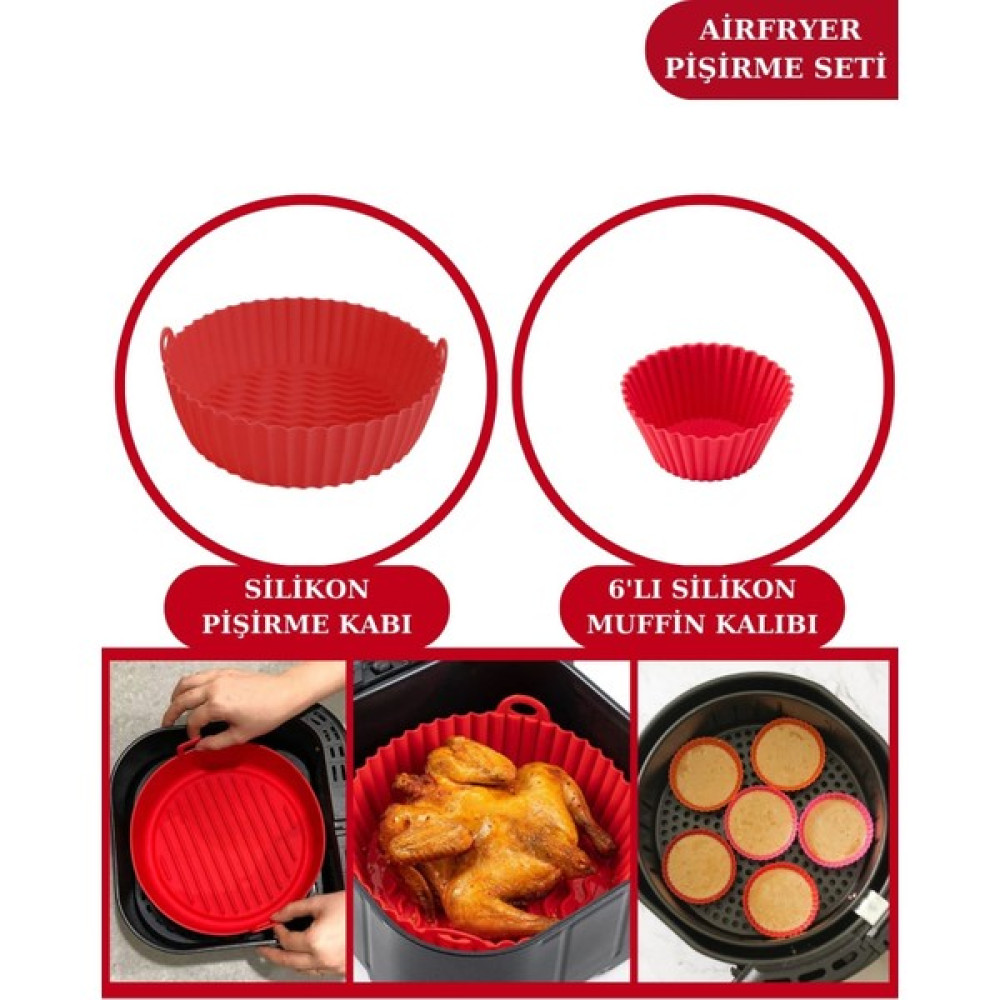 Silicolife Airfryer Silikon Pişirme Kabı ve 6’lı Kek Muffin Kalıbı Set- Hava Fritözleriyle Uyumlu - Renk - Kırmızı Kek Kalıpları Fiyatı