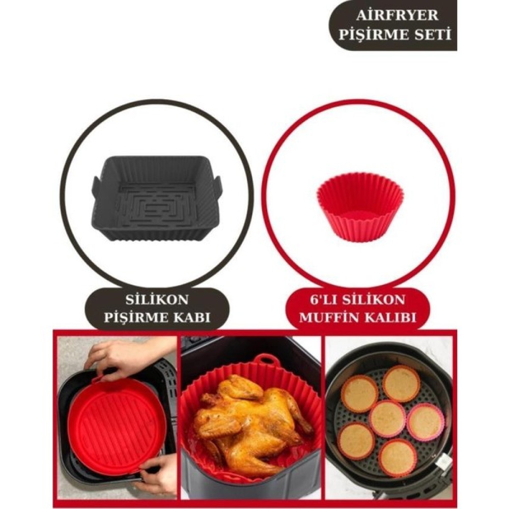 Silicolife Onikiden Airfryer Silikon Kare Pişirme Kabı ve 6’lı Kek Muffin Kalıbı Set- Hava Fritözleriyle Uyumlu - Renk - Füme Kek Kalıpları Fiyatı