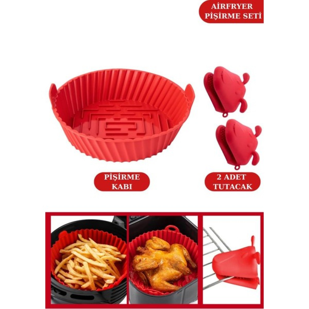 Silicolife Onikiden Airfryer Silikon Pişirme Kabı Ve 2 Adet Isı Yalıtımlı Fırın Eldiveni Tutacağı Seti - Renk - Kırmızı Kek Kalıpları Fiyatı