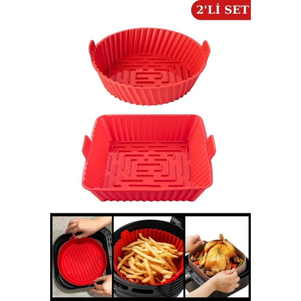 Silicolife Onikiden Kare Ve Yuvarlak Airfryer Silikon Pişirme Kabı Seti 20cm - Hava Fritözlerle Uyumlu 2’Li Set - Renk - Kırmızı Kek Kalıpları Fiyatı