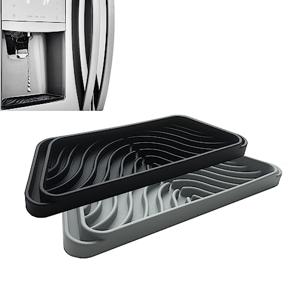 Silicone Refrigerator Drip Tray Catcher 2 packs,Protects Ice and Water Dispenser Pan From Spills,Fit Refrigerator Water Tray, Coffee Machine Tray Recycle and Dry Quickly (Rectangular, Black+Grey)