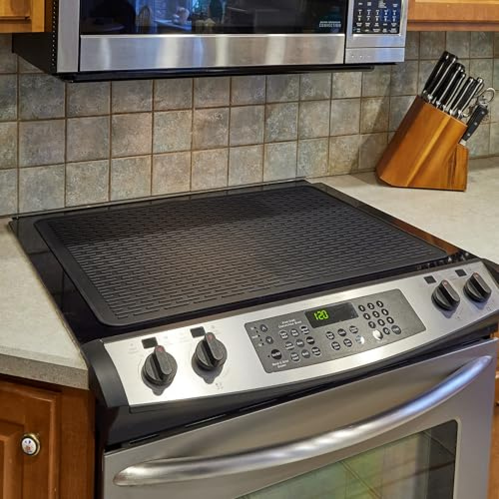 Silicone Stove Mat for Glass Top - Cooktop Protector, XL Dish Drying Mat for Kitchen, Range Cover for Electric Cooktops, Parnoo (Black, 28 x 20)