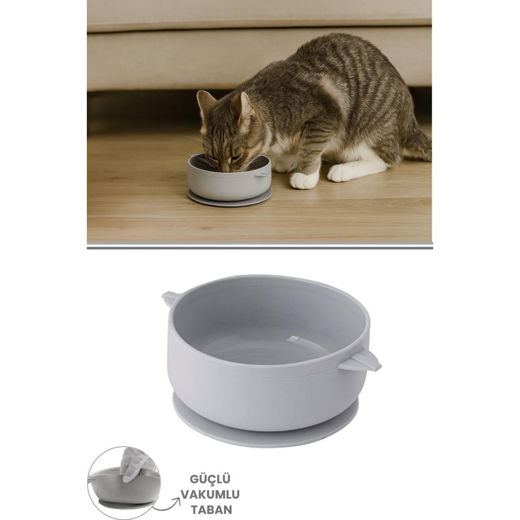 Silikon Evcil Hayvan Mama Kasesi, Kaydırmaz Vakum Tabanlı Kedi Köpek Mama Su Kabı Tabağı 200ML - Gri Diğer Fiyatı