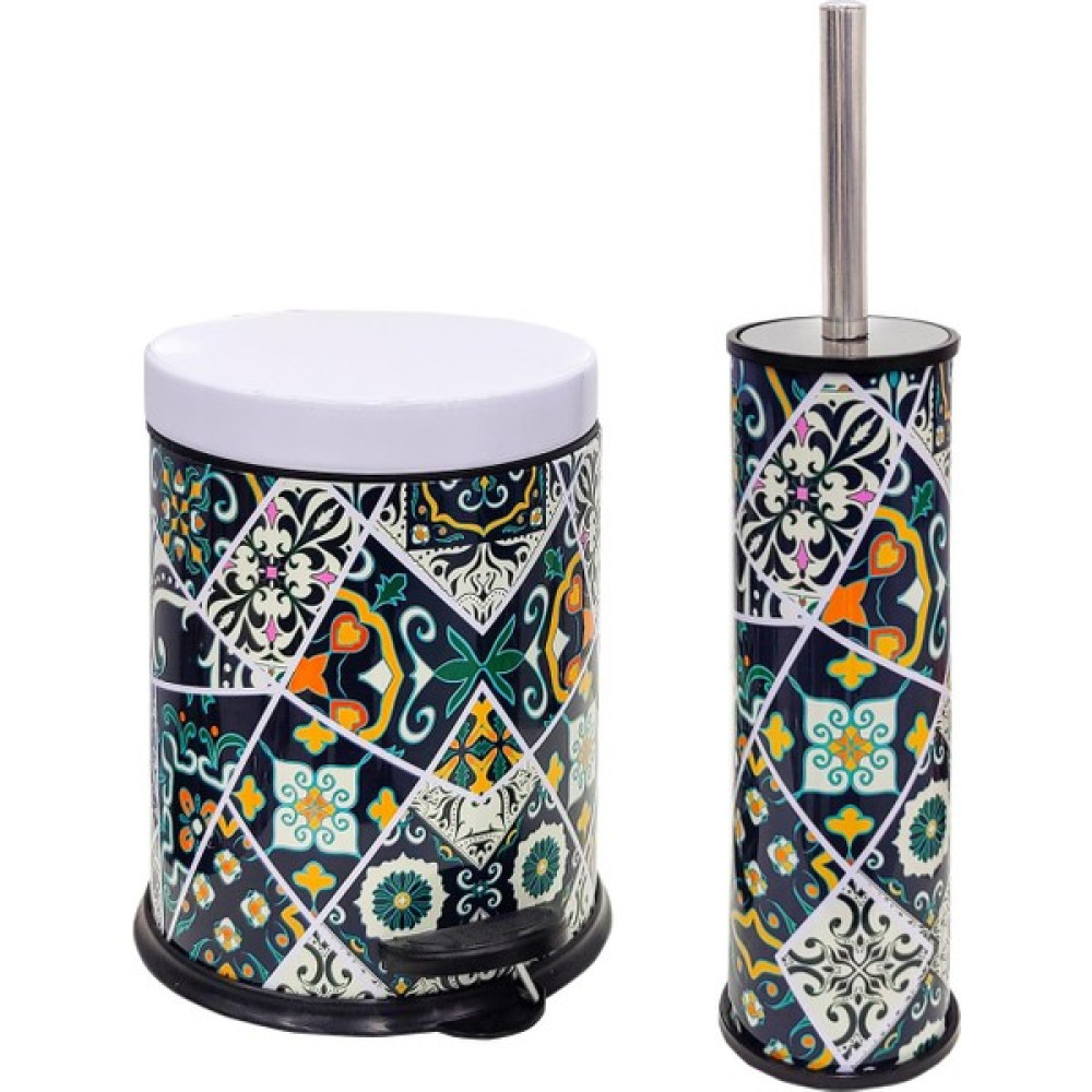 Siliwax Retro Desen-2 Li Set Pedallı Yavaş Kapanır Çöp Kovası ve Wc Klozet Fırça Seti - Renkli Banyo Aksesuarları Fiyatı