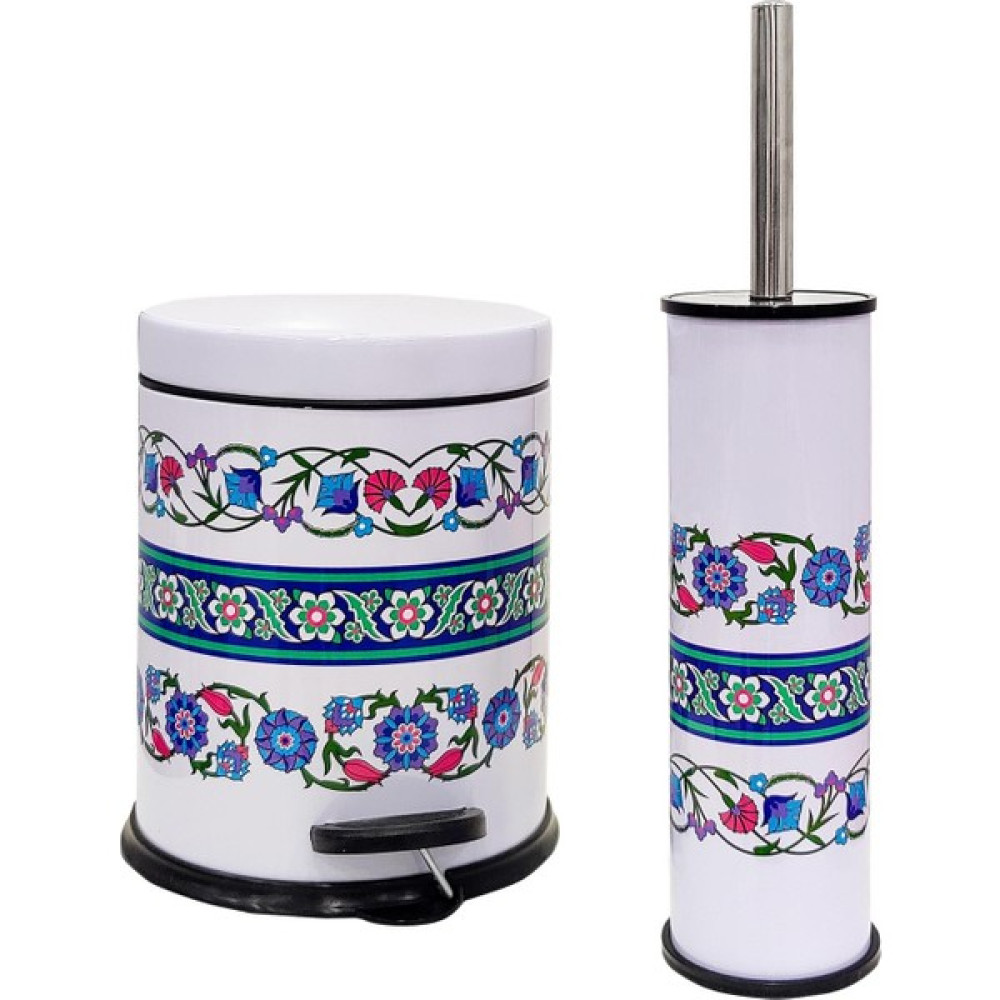 Siliwax Rumi Desen-2 Li Set Pedallı Yavaş Kapanır Çöp Kovası ve Wc Klozet Fırça Seti - Renkli Banyo Aksesuarları Fiyatı