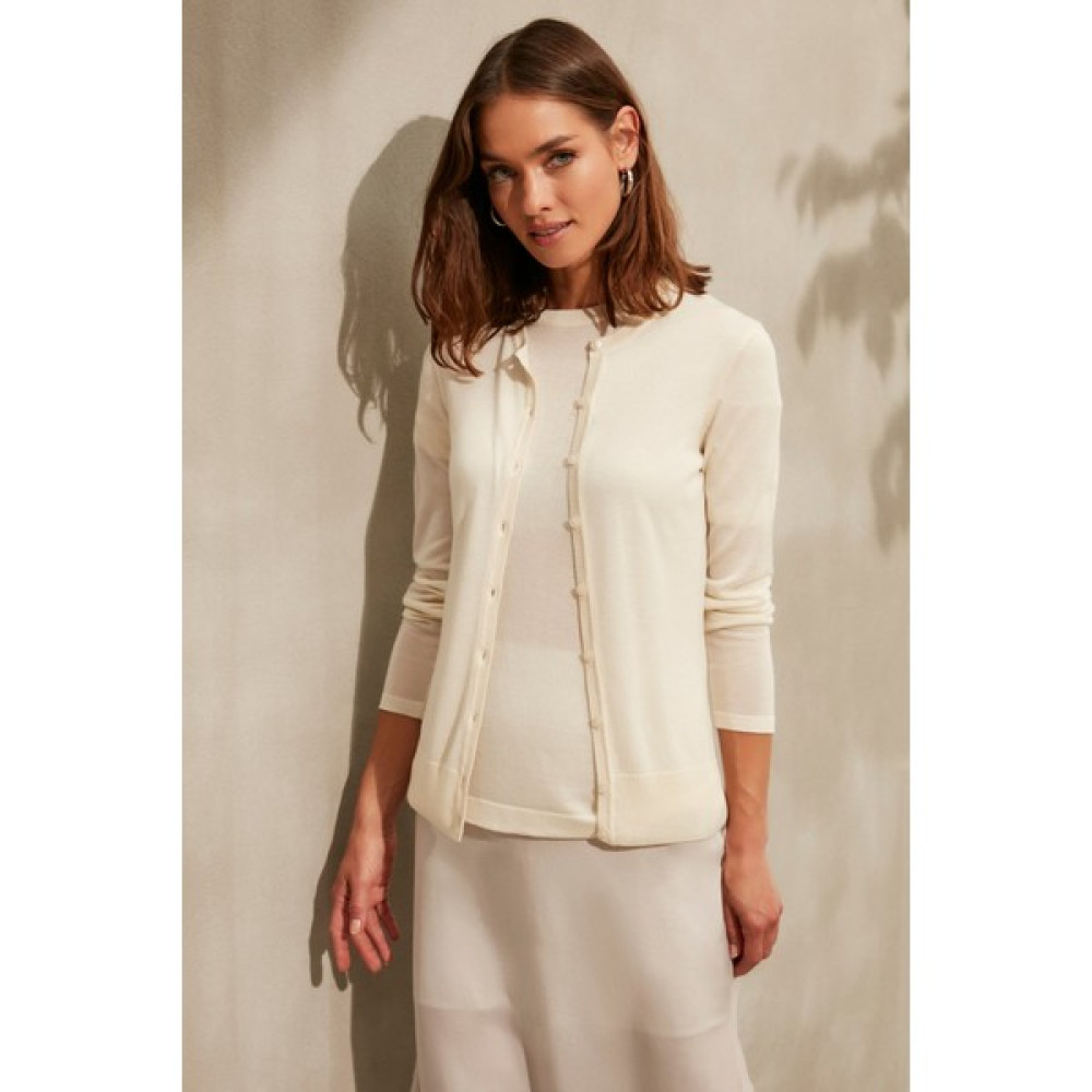 Silk And Cashmere Ekru Kaşmir Karışımlı Melinda Yuvarlak Yaka Uzun Kollu Hırka Kadın Hırka Fiyatı