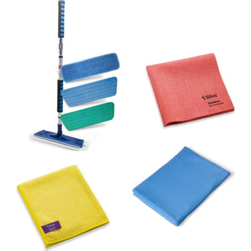 Silva Avantaj M-1 Mikrofiber Mop Set (Islak-Kuru-Duvar) + Premium Üçlü Set (Çok Amaçlı Bez-Cam Bez-Mutfak Bez) - Mavi Temizlik Malzemeleri Fiyatı