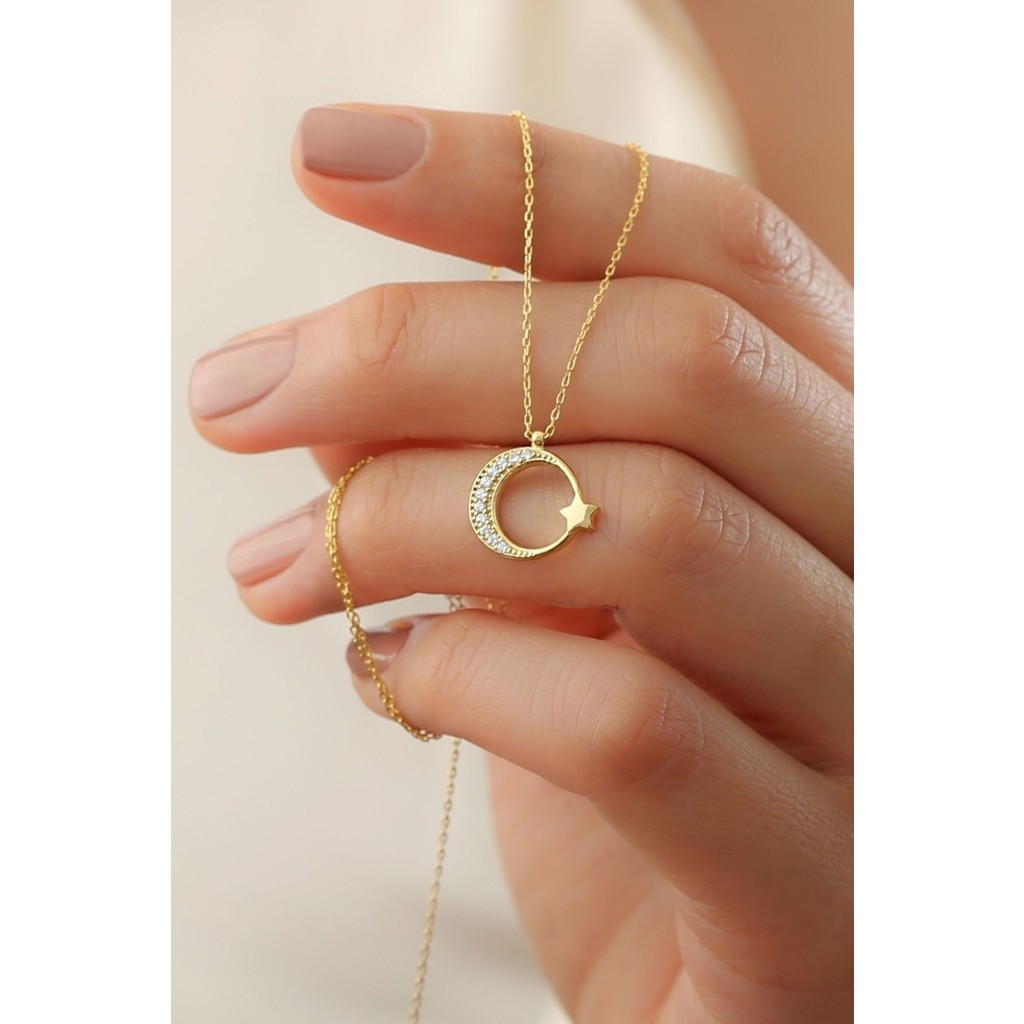 Silvano Jewelry 925 Ayar Gümüş Ay Yıldız Kolye Gold Renkli Özel Tasarım Kadınlar İçin Gümüş Kolye Fiyatı