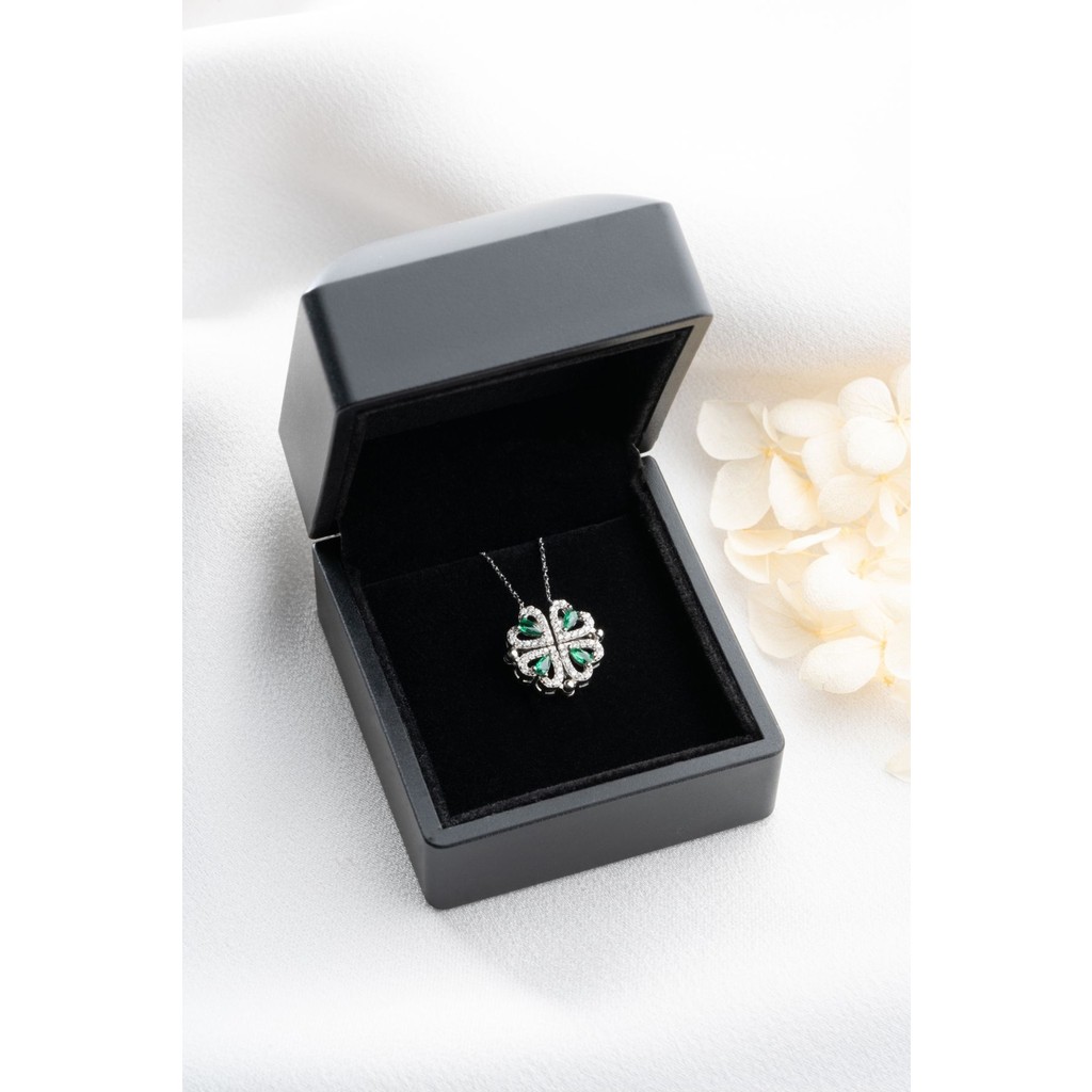 Silvano Jewelry 925 Ayar Gümüş Işıklı Kutu Mıknatıslı Zümrüt Yeşili Yonca Kolye Gümüş Kolye Fiyatı