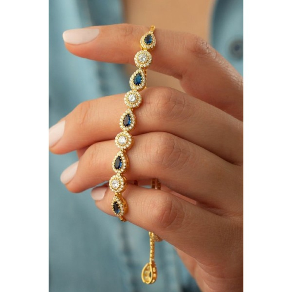 Silvano Jewelry 925 Ayar Gümüş Mavi Taşlı Asansörlü Bileklik - 18 - Gold Saat ve Bileklik Aksesuarı Fiyatı