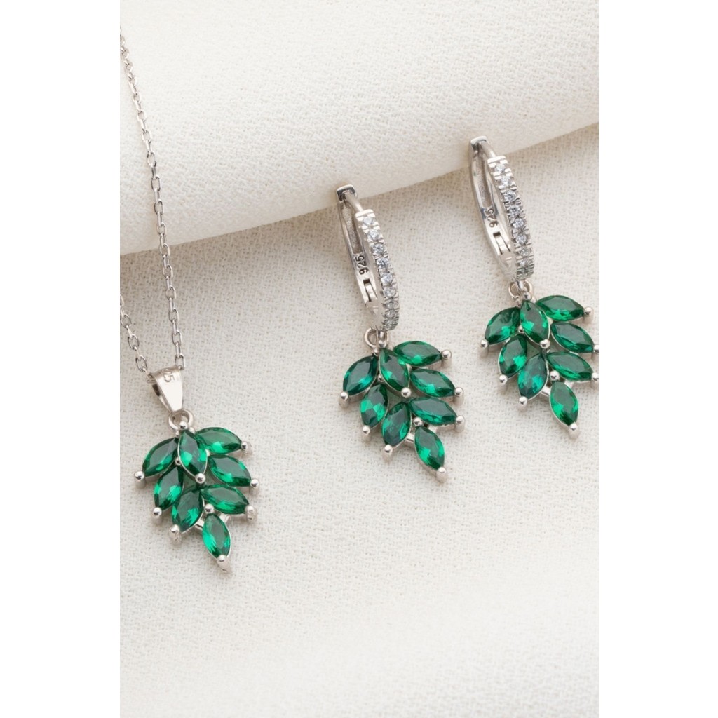 Silvano Jewelry 925 Ayar Gümüş Zümrüt Yeşili Kolye Küpe Takı Seti El İşçiliği ile Şık Tasarım - Silver Gümüş Kolye Fiyatı