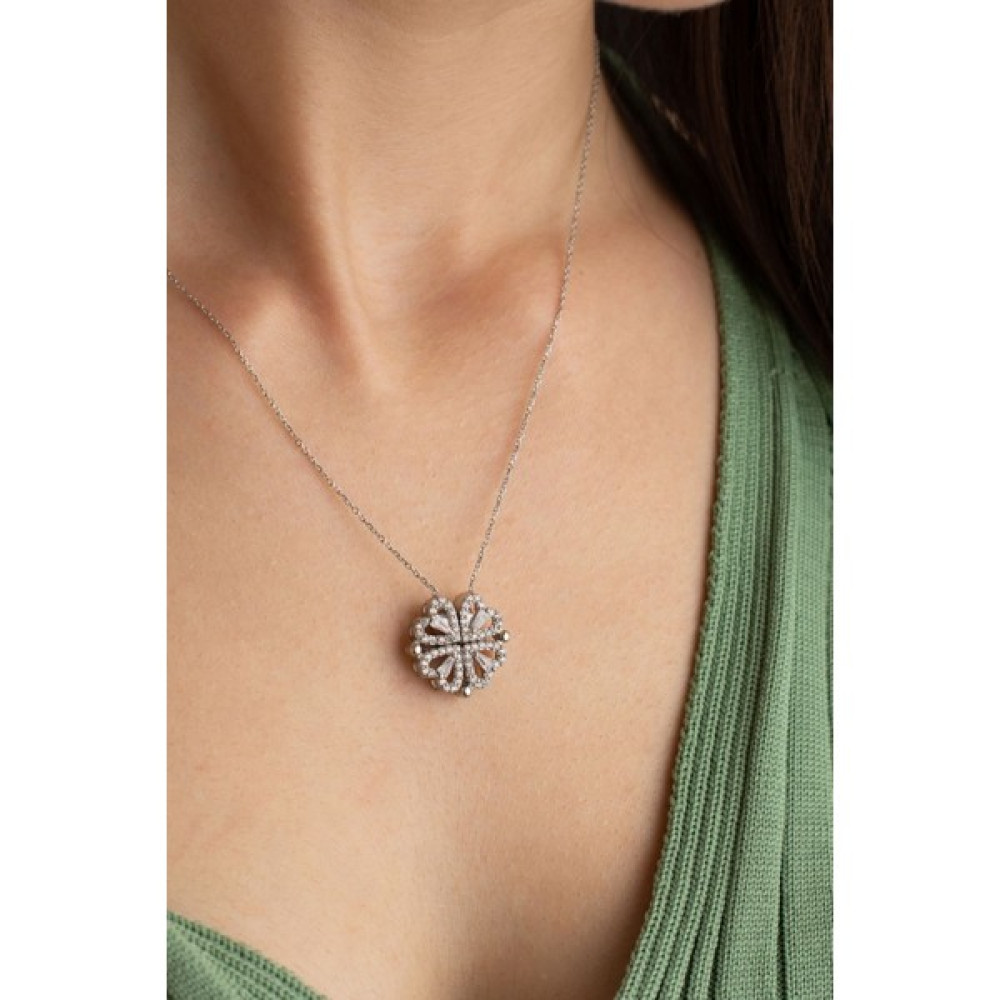 Silvano Jewelry Gümüş Kaplama Mıknatıslı Ayrılabilir 4 Kalpli Yonca Kolye Gümüş Kolye Fiyatı