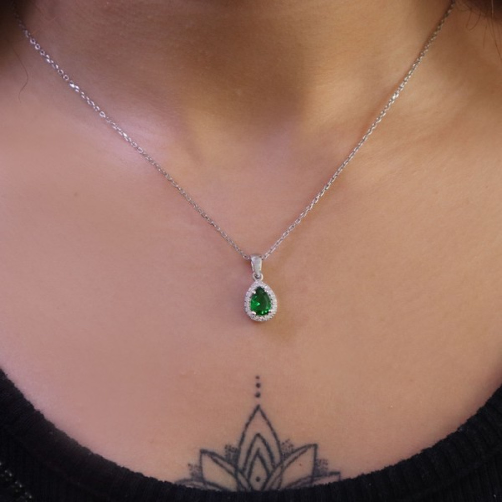 Silveranka 925 Ayar Gümüş Zümrüt Yeşili Damla Desen Kolye Gümüş Kolye Fiyatı
