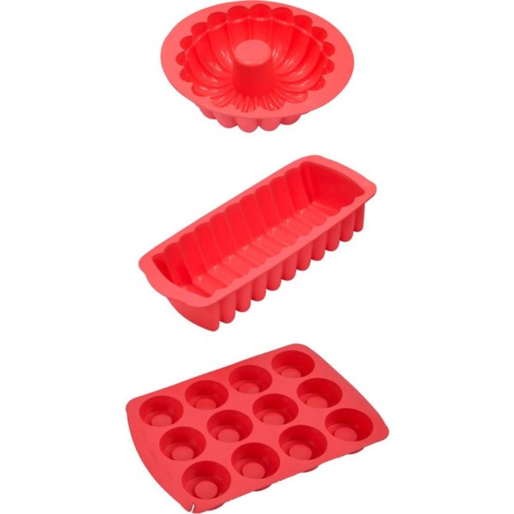 Sılverstar 3'lü Set - Baton-Yuvarlak-Muffin Silikon Kek Kalıbı Takımı-Kırmızı Kek Kalıpları Fiyatı