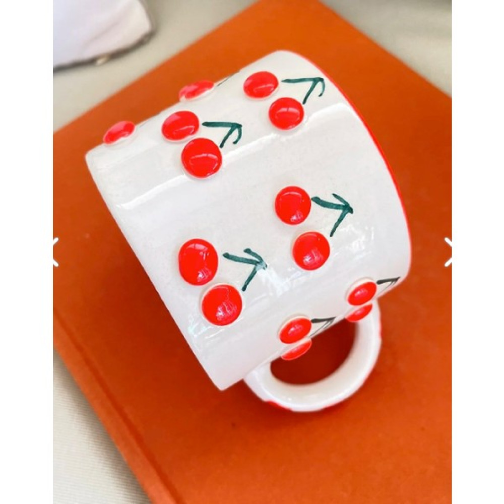 Sim Atölye Kiraz Desenli El Yapımı Kahve Bardağı Kupa - 1 Adet - Kırmızı - Beyaz - 300 ml Oto Boyaları Fiyatı