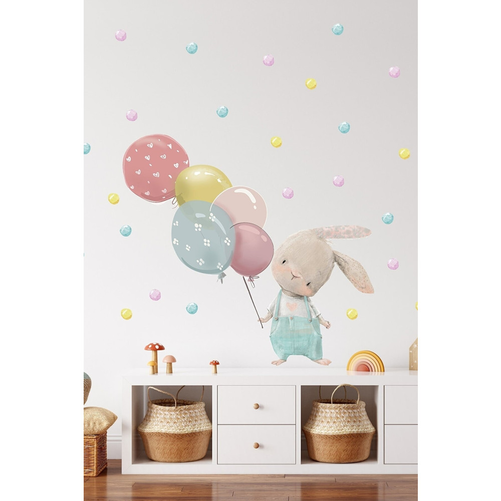 Sim Tasarım Balonlu Mavi Tulumlu Tavşan Çocuk Odası Duvar Sticker Seti 115 x 50 Beden Duvar Stickerı Fiyatı