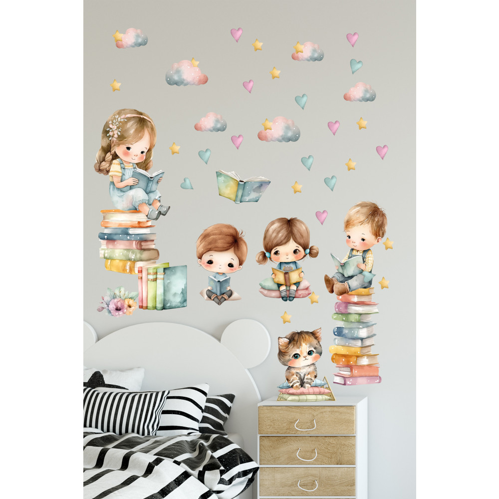 Sim Tasarım Kitap Okuyan Çocuklar Çocuk Odası Dekoratif Duvar Sticker Seti 115 x 60 Beden Duvar Stickerı Fiyatı