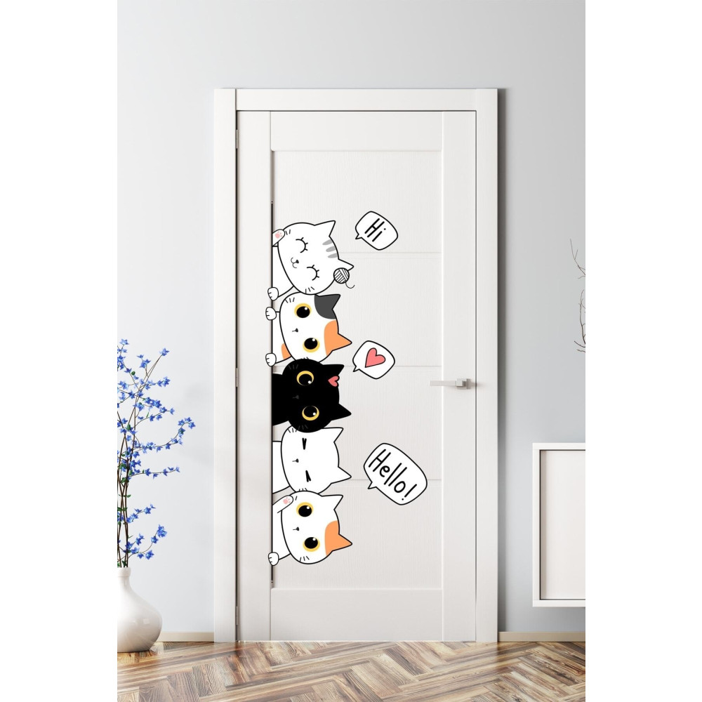 Sim Tasarım Sevimli Kediler Kapı Duvar Çocuk Odası Sticker - Sm210 35 x 50 Beden Duvar Stickerı Fiyatı